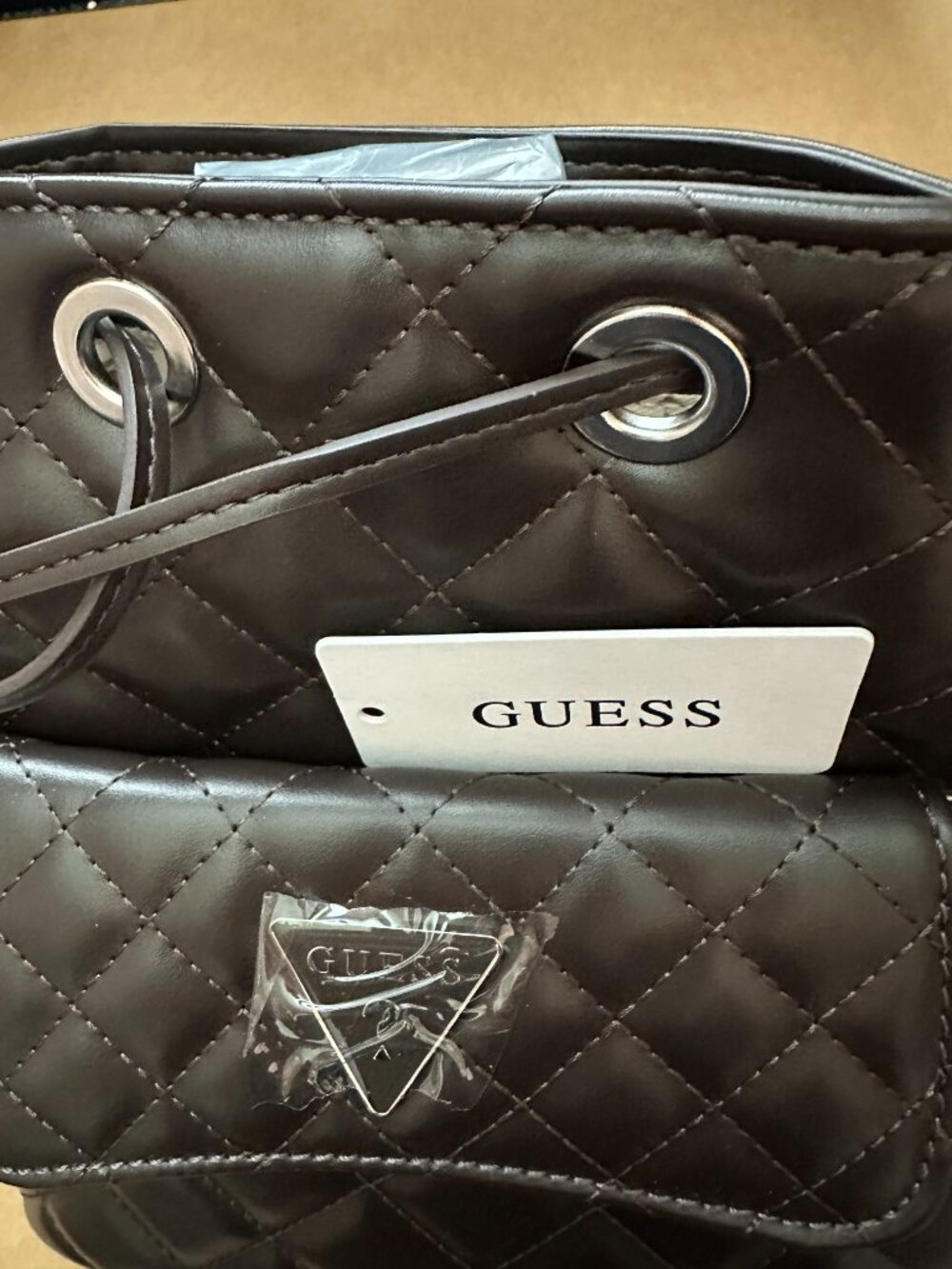 Brand New with Tags GUESS Quilted Drawstring Bucket Crossbody Bag in Brown - Picture 4 of 12